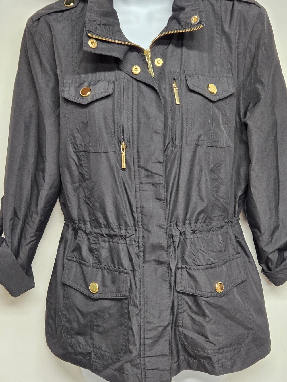 Style & Co Utility Windbreaker Jacket Black Gold Hardware Roll Tab Sleeves PS - Picture 2 of 7